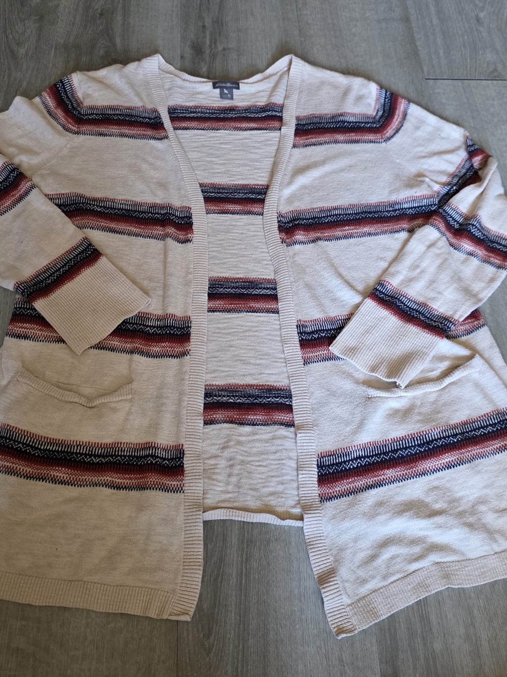 Eddie Bauer Cream Cardigan with Red and Navy Stripe Accents